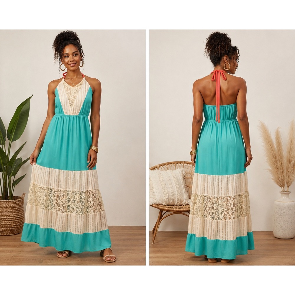 S 114 Flying Tomato Teal Lace Halter Maxi Dress Boho Festival Colorblock